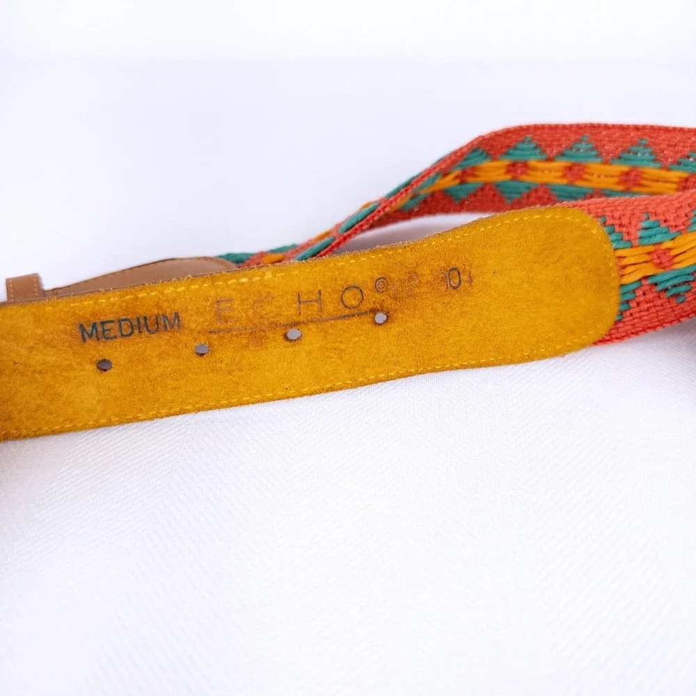 Boho Vintage Coral Turquoise Woven Textile Belt Leather Buckle Geometric 70s